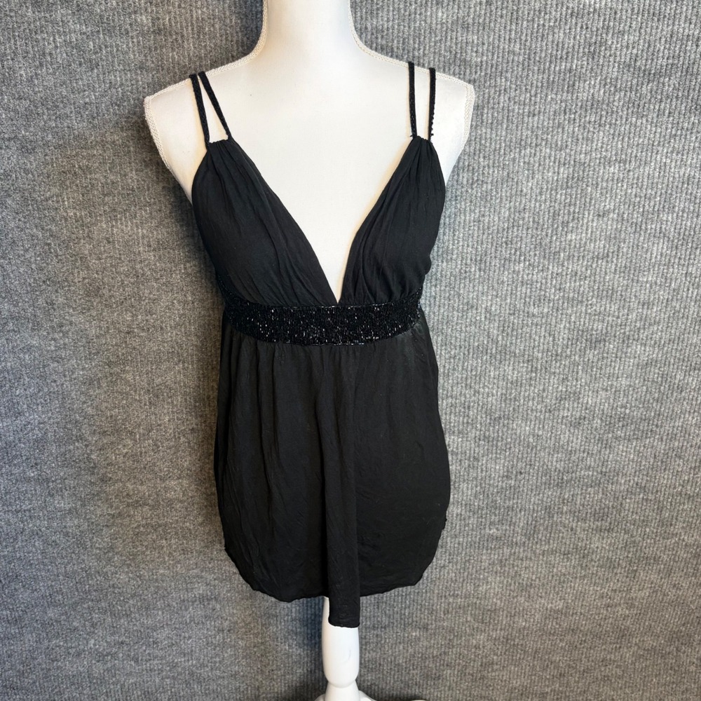Matty M Women Black Beaded Empire Waist V-Neck Sleeveless Top Small